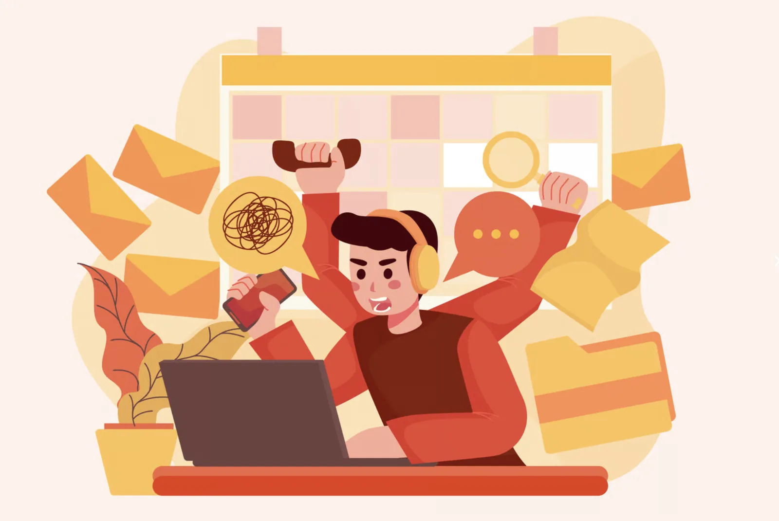 An illustration of a man at a laptop with four arms, juggling a phone, a handset, a magnifier and a stack of mail.