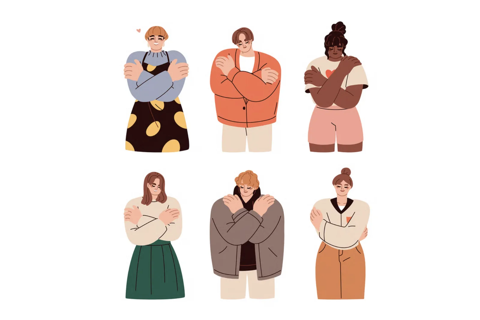 An illustration of six people of different ages and skin tones, each with their arms wrapped around themselves in a hug.